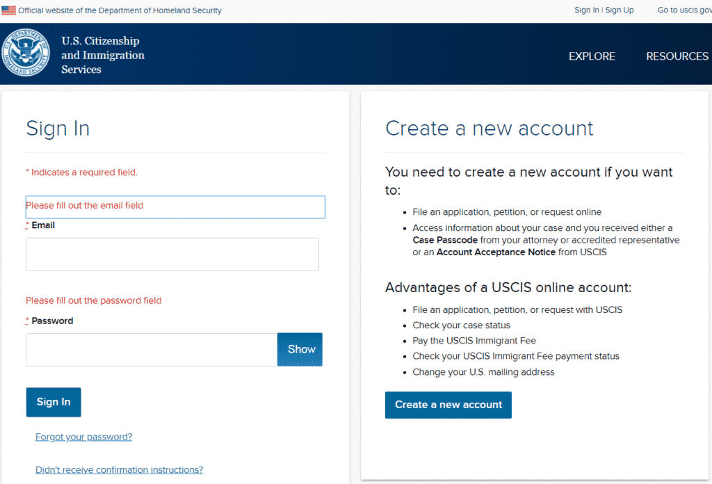 USCIS online account creation